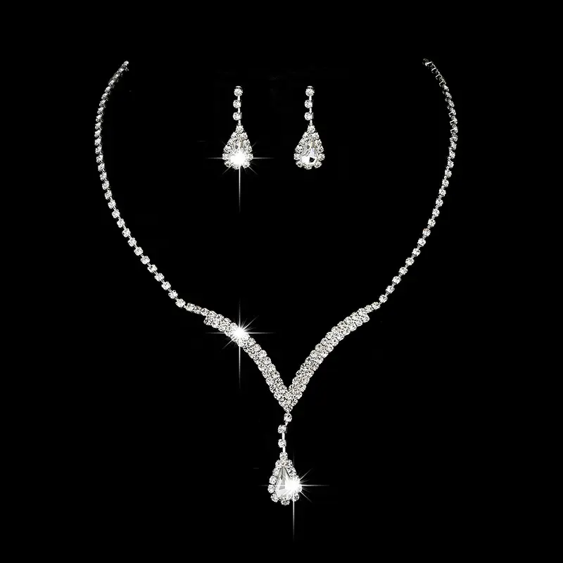 Diamond Water Drop Necklace and Earrings Set in Multiple Colors
