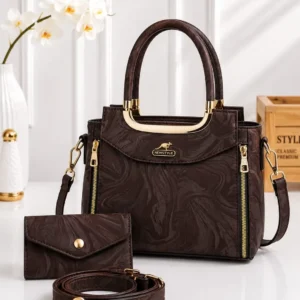 Women's Leather Printed Hand Bag Set in Brown Color
