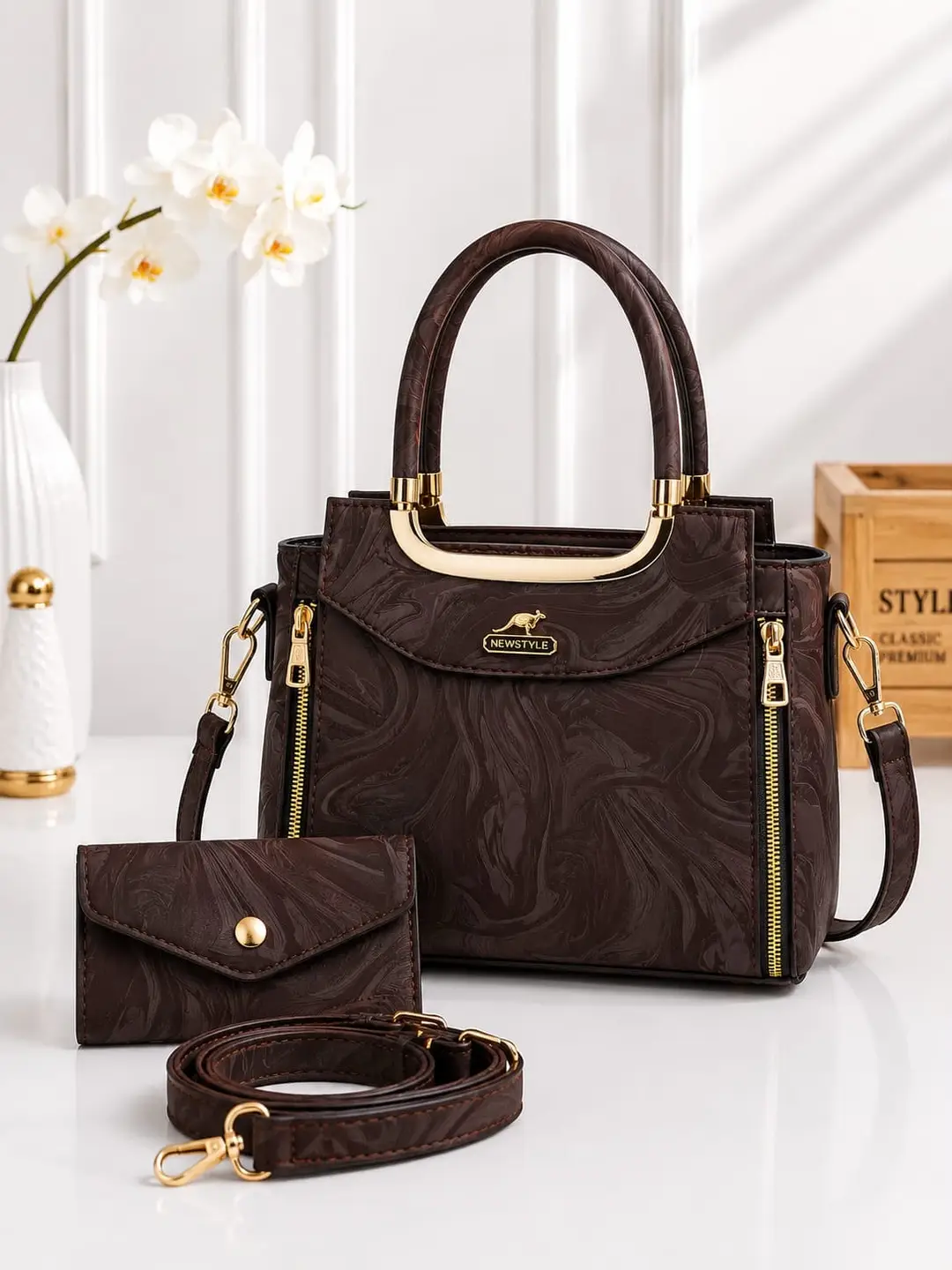 1598 39 745292 product 1 Women's Leather Printed Hand Bag Set in Brown Color