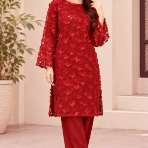 2 Pcs Women's Unstitched Embroidered Suit in Red Color