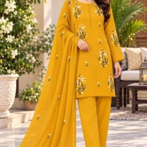 3 Pcs Women's Unstitched Embroidered Suit in Mustard Color